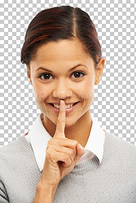 Buy stock photo Secret, whisper and woman, finger on lips in portrait and silence emoji isolated on transparent png background. Female person smile, privacy and quiet, hand gesture and confidential news with mute