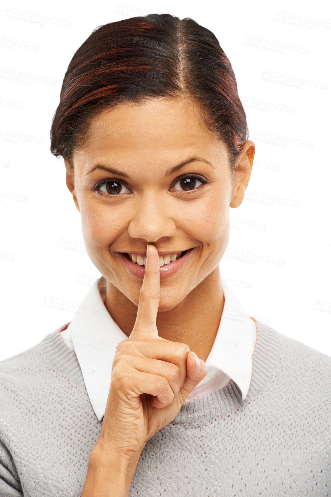 Buy stock photo Secret, whisper and woman, finger on lips in portrait and silence emoji isolated on transparent png background. Female person smile, privacy and quiet, hand gesture and confidential news with mute