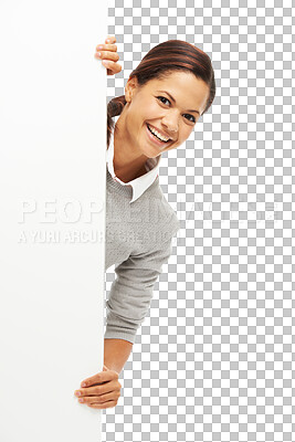 Buy stock photo Portrait, excited and woman behind banner sign isolated on a transparent png background. Mockup, smile and person peeking from poster for advertising, marketing or copy space, branding and promotion.