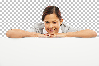 Buy stock photo Business man, poster mockup and portrait for advertising job opportunity, news and announcement on wall. Happy face, professional person and presentation space isolated on transparent, png background