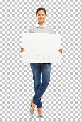 Buy stock photo Mockup, billboard and news with portrait of woman on transparent background for show, promotion and idea. Card, sign and paper with person isolated on png for announcement, logo and presentation