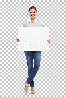 Buy stock photo Mockup, billboard and poster with portrait of woman on transparent background for show, promotion and idea. Card, sign and paper with person isolated on png for announcement, logo and presentation