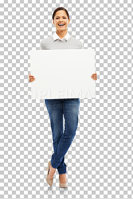 Buy stock photo Mockup, happy and poster with portrait of woman on transparent background for show, promotion and idea. Card, sign and paper with female person isolated on png for announcement, logo and presentation