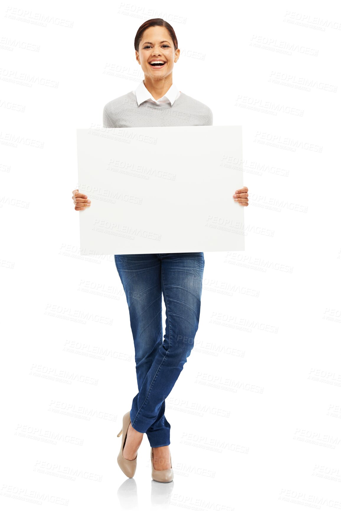 Buy stock photo Mockup, happy and poster with portrait of woman on transparent background for show, promotion and idea. Card, sign and paper with female person isolated on png for announcement, logo and presentation