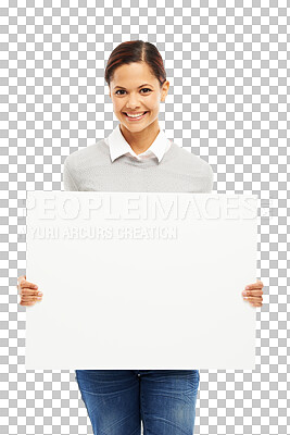 Buy stock photo Mockup, smile and poster with portrait of woman on transparent background for show, promotion and idea. Card, sign and paper with female person isolated on png for announcement, logo and presentation