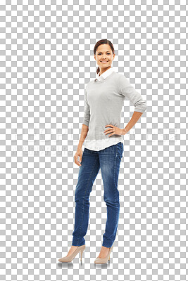 Buy stock photo Portrait, fashion and woman with hand on hip isolated on a transparent png background. Style, happiness and smile of confident person from Brazil with positive mindset, casual clothes or trendy jeans