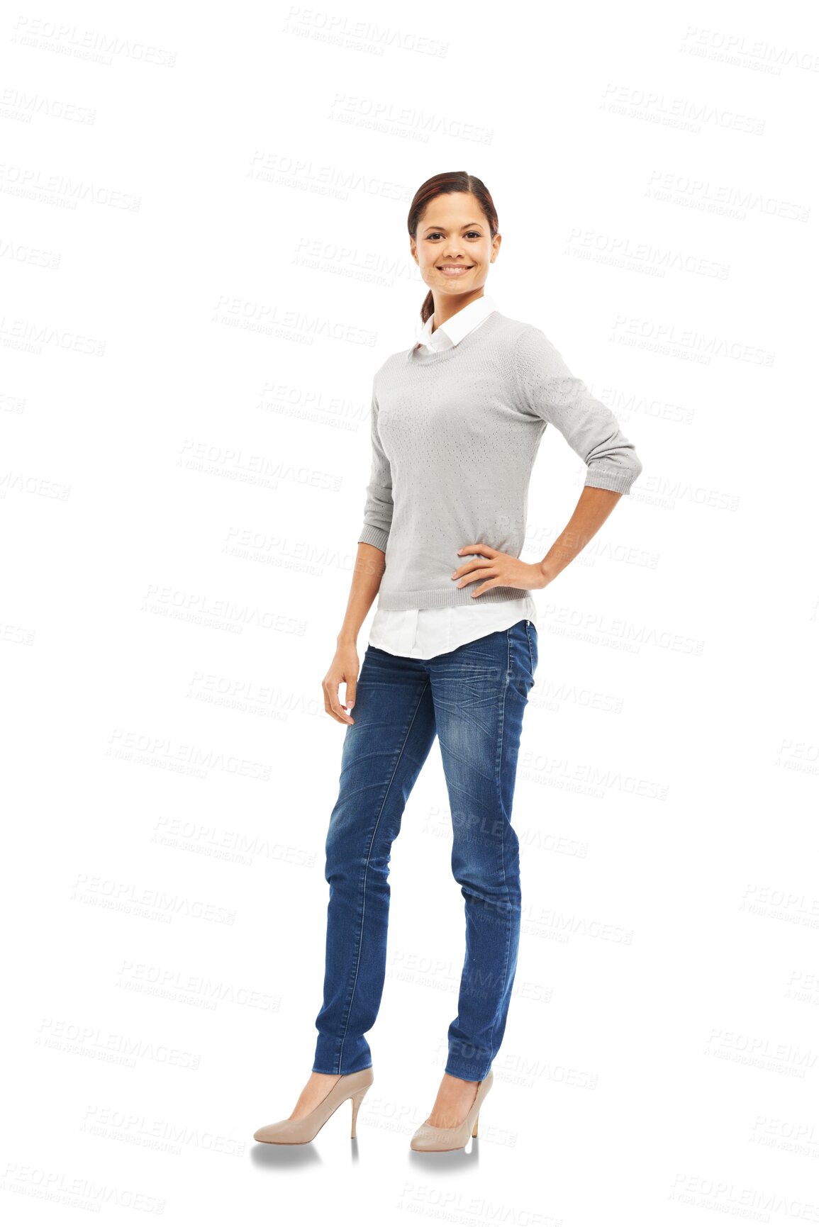 Buy stock photo Portrait, fashion and woman with hand on hip isolated on a transparent png background. Style, happiness and smile of confident person from Brazil with positive mindset, casual clothes or trendy jeans