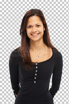 Buy stock photo Woman, portrait and girl with confidence or smile png or isolated and transparent background. Fashion, female person and happy face is proud and stylish with positive mindset and with clothes.