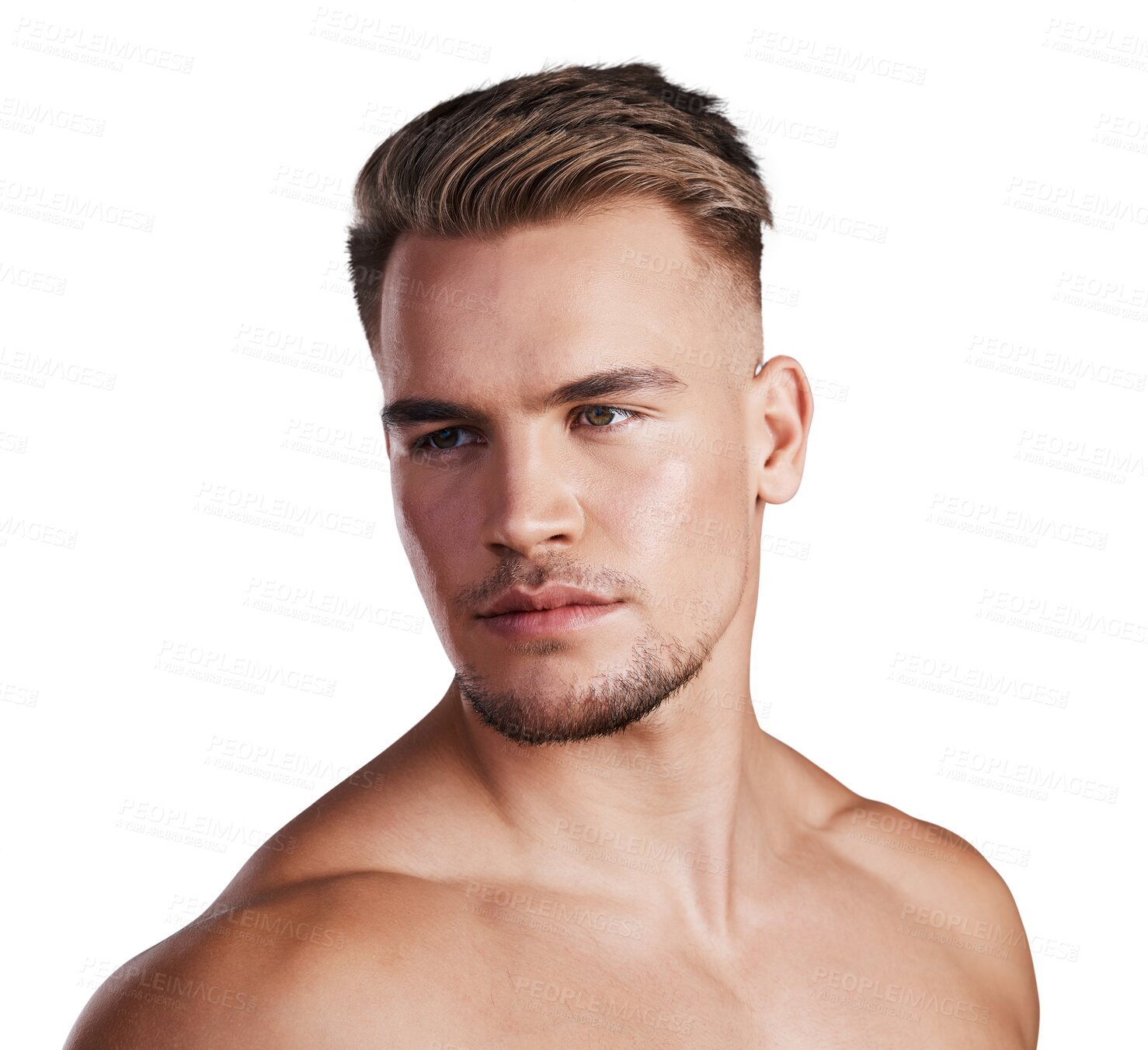 Buy stock photo Beauty, skincare and natural with face of man on transparent background for glow, spa treatment and cosmetics. Facial, health and salon with person isolated on png for confident, clean and self care