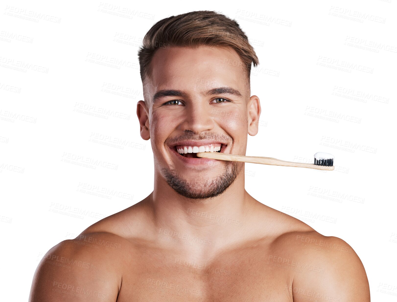 Buy stock photo Isolated man, wood toothbrush and portrait for smile, self care and hygiene by transparent png background. Young guy, happy model with sustainable dental brush for teeth whitening, beauty and health