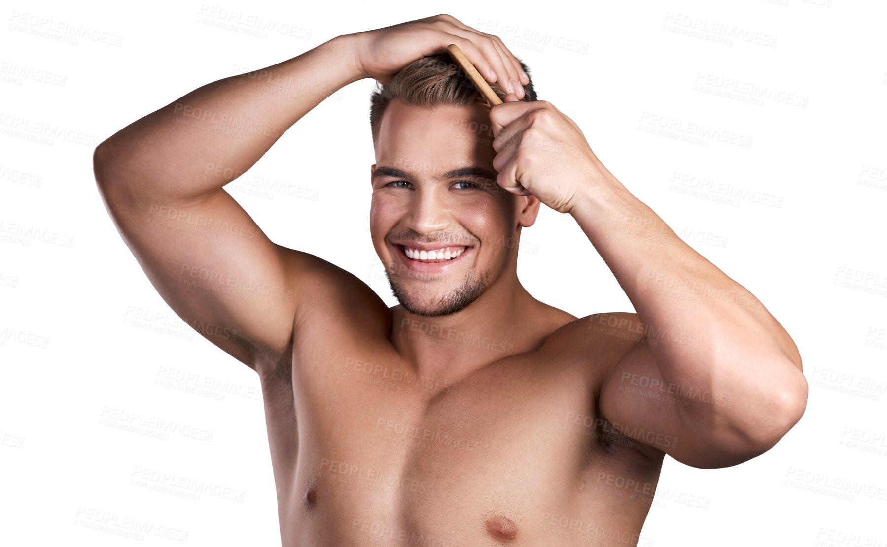 Buy stock photo Hair, happy and portrait of man for comb on isolated, png and transparent background for health. Haircare, salon and face of natural male person with smile brushing for grooming, hygiene and wellness