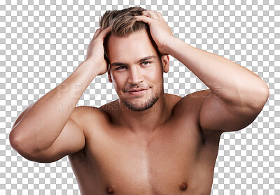 Buy stock photo Skincare, hair and portrait of man for wellness on isolated, png and transparent background. Salon treatment, natural beauty and confident male person with muscles for grooming, cosmetics and health