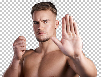 Buy stock photo Serious, hand and portrait of a man with a stop while getting ready for fist fight with action. Upset, angry and moody shirtless male model with beware gesture isolated by transparent png background.