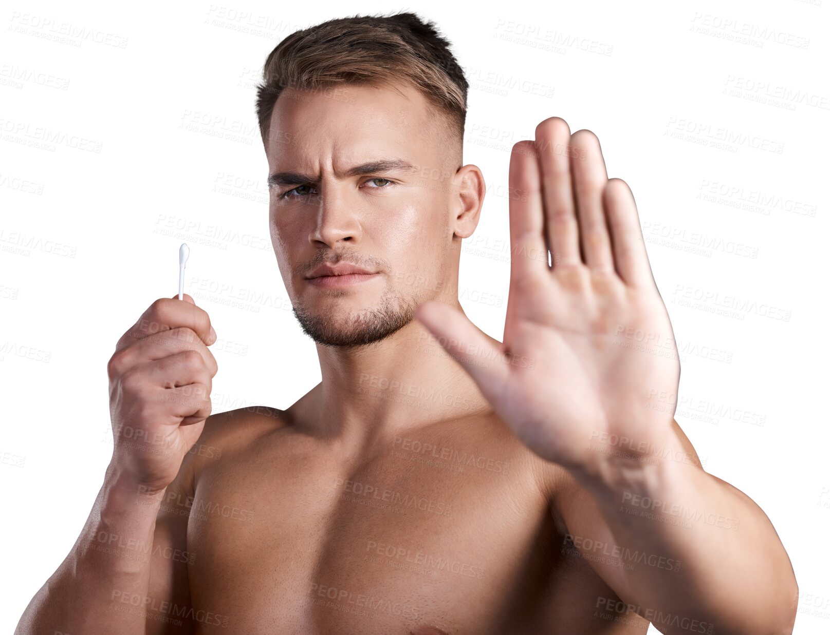 Buy stock photo Serious, hand and portrait of a man with a stop while getting ready for fist fight with action. Upset, angry and moody shirtless male model with beware gesture isolated by transparent png background.