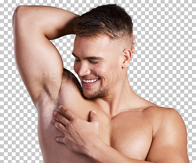 Buy stock photo Deodorant, wellness and armpit of man for skincare on isolated, png and transparent background. Dermatology, beauty and happy male person with natural cosmetics for grooming, hygiene and healthy body