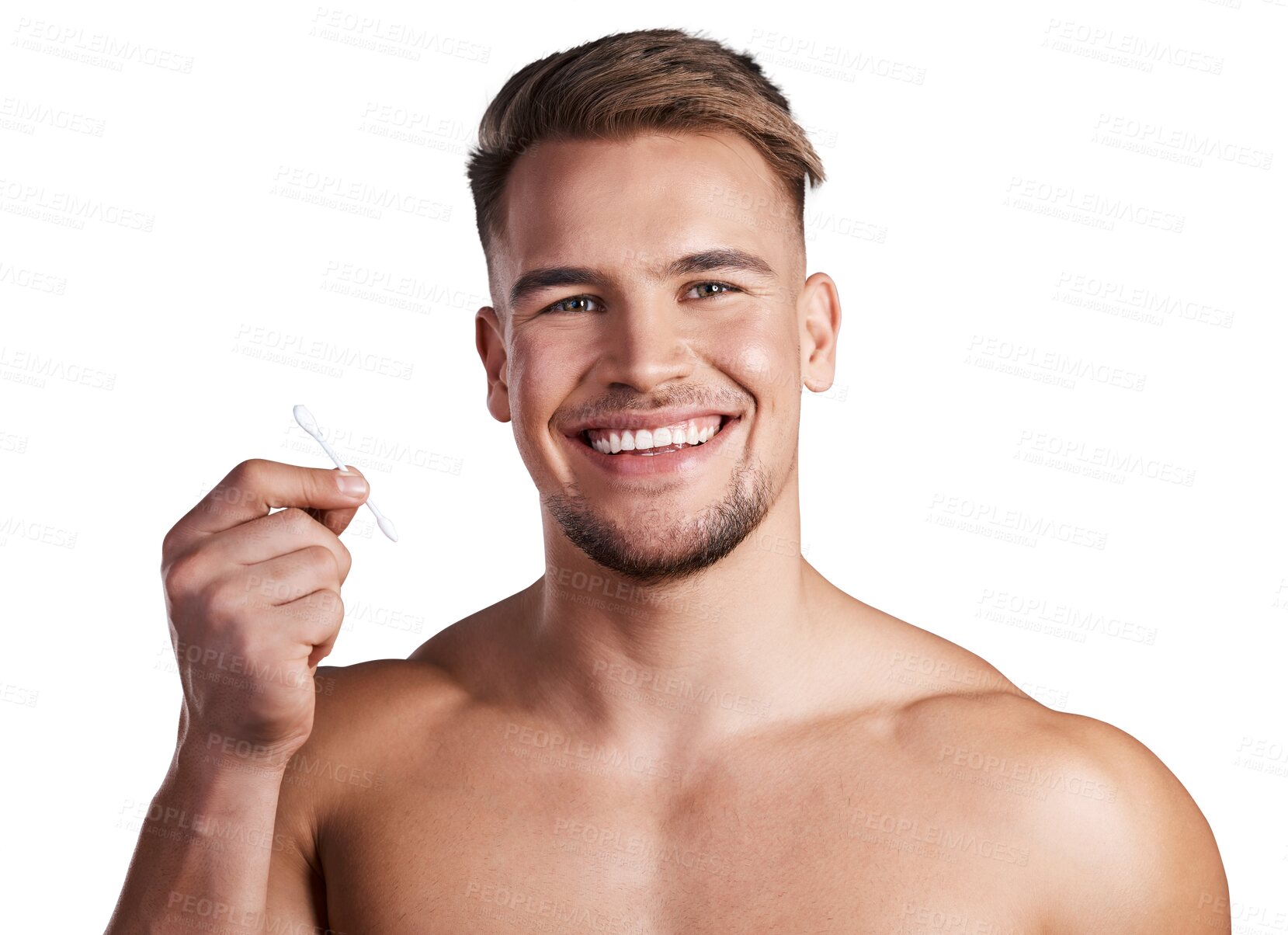 Buy stock photo Isolated man, cotton bud and portrait for hygiene, self care and grooming by transparent png background. Young guy, happy model and earbud for cleaning, wellness and product for healthy clean ears