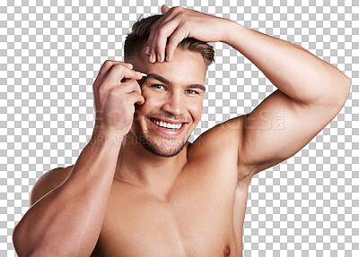 Buy stock photo Eyebrow, grooming and portrait of man with tweezers on isolated, png and transparent background. Skincare, natural beauty and face of male person with tools for hair removal, cosmetics and epilation