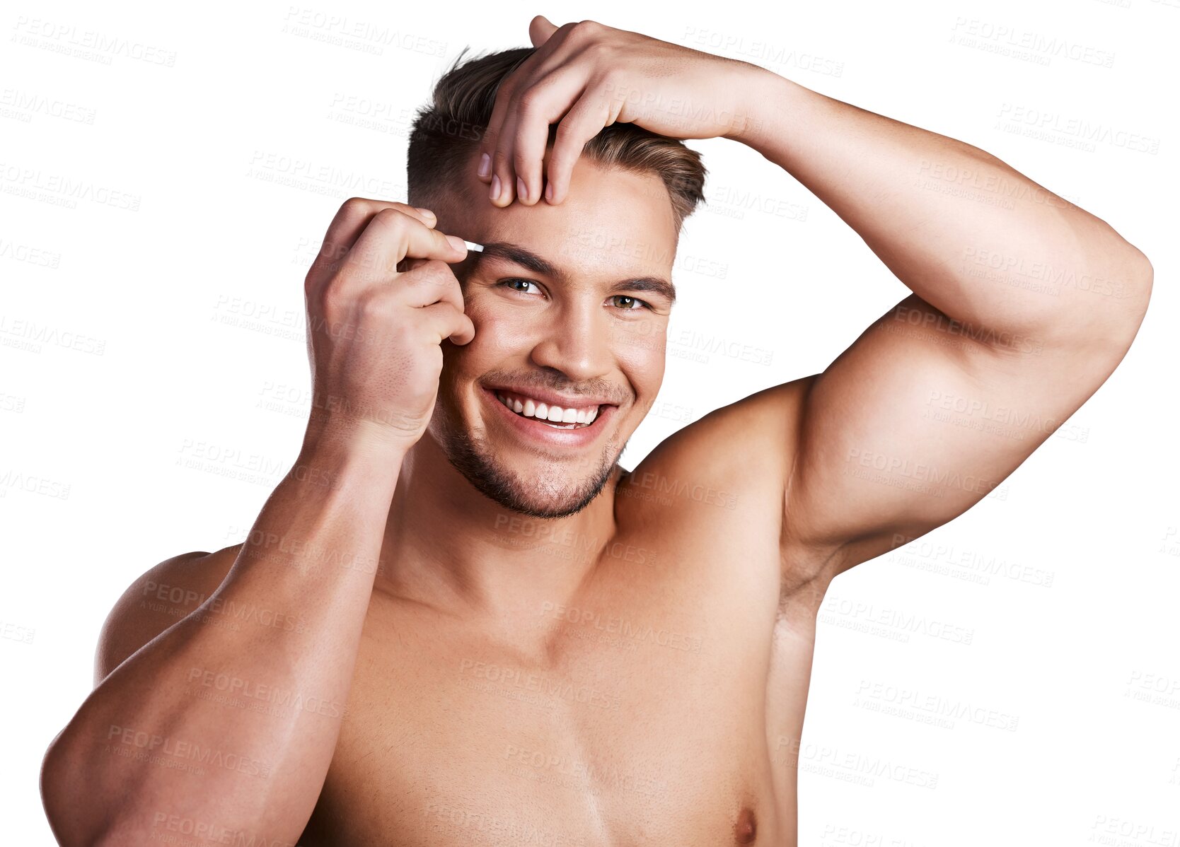 Buy stock photo Eyebrow, grooming and portrait of man with tweezers on isolated, png and transparent background. Skincare, natural beauty and face of male person with tools for hair removal, cosmetics and epilation