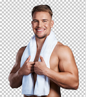 Buy stock photo Shower, wellness and portrait of man with towel on isolated, png and transparent background. Skincare, natural beauty and happy male person after washing body for grooming, hygiene and cleaning