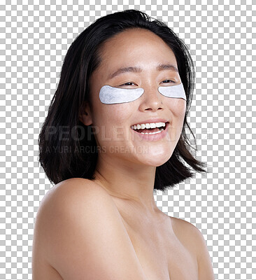 Buy stock photo Happy asian woman, smile and eye patches for skincare or anti aging isolated on a transparent PNG background. Face of female person smiling with pad eyes, cosmetics or beauty for facial spa treatment