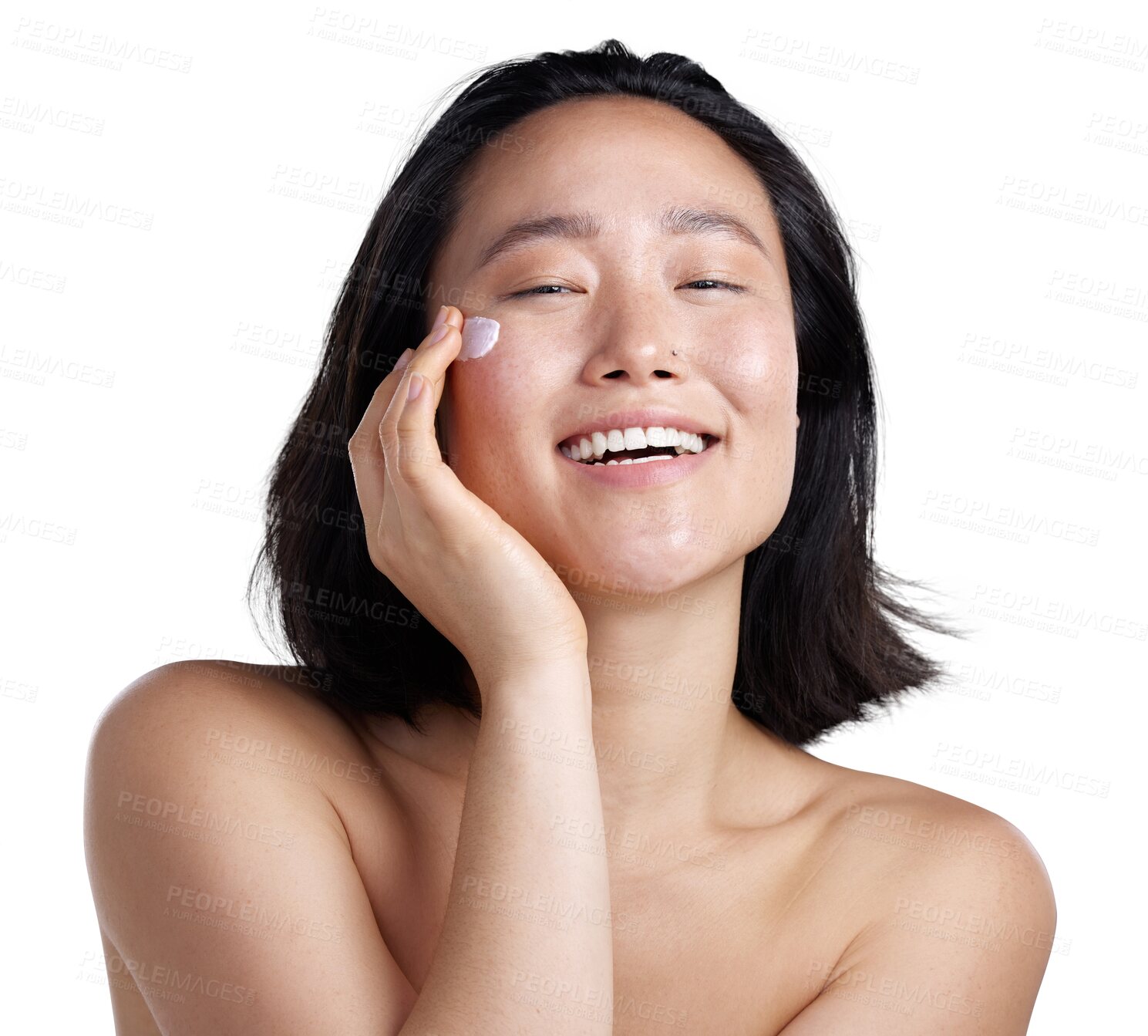 Buy stock photo Happy asian woman, face cream and smile for skincare or soft skin isolated on a transparent PNG background. Female person smiling for lotion, creme or product cosmetics for spa or facial treatment