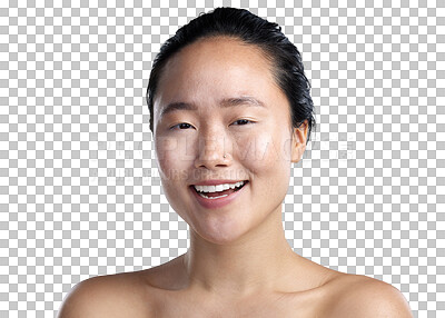 Buy stock photo Natural skincare, portrait of a asian woman and happy smile isolated against transparent png background, Beauty cosmetics or cosmetology, skin treatment and female person for health wellness