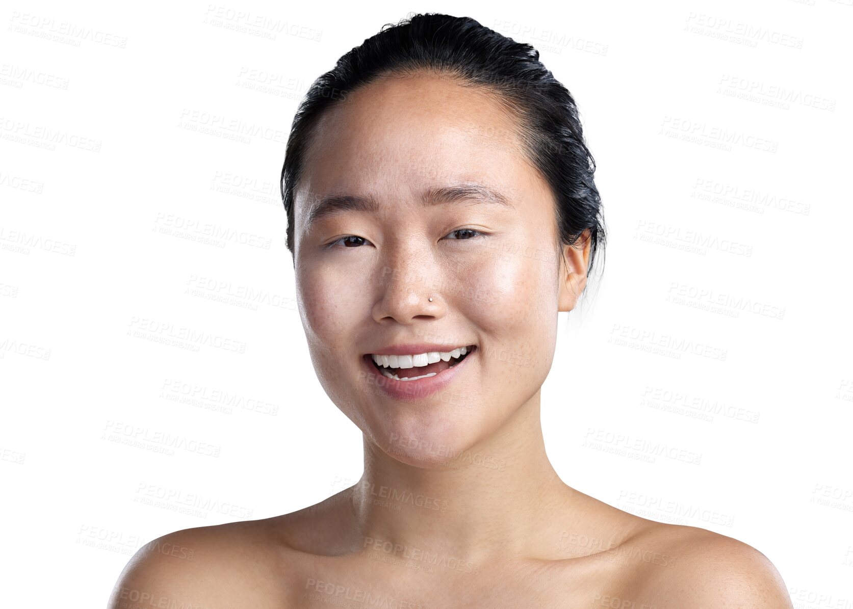 Buy stock photo Natural skincare, portrait of a asian woman and happy smile isolated against transparent png background, Beauty cosmetics or cosmetology, skin treatment and female person for health wellness