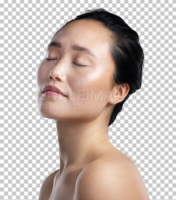 Buy stock photo Calm asian woman, face and relax in skincare, beauty or cosmetics isolated on a transparent PNG background. Female person relaxing with eyes closed in cosmetic dermatology, spa or facial treatment