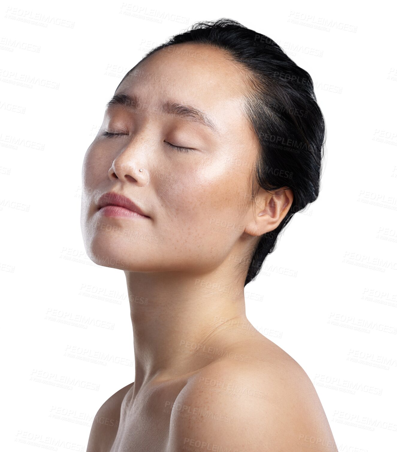 Buy stock photo Calm asian woman, face and relax in skincare, beauty or cosmetics isolated on a transparent PNG background. Female person relaxing with eyes closed in cosmetic dermatology, spa or facial treatment