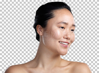 Buy stock photo Happy, woman and natural beauty of skincare, facial salon or luxury spa treatment on transparent, isolated or png background. Japanese, face and girl thinking with confidence, skin care or wellness