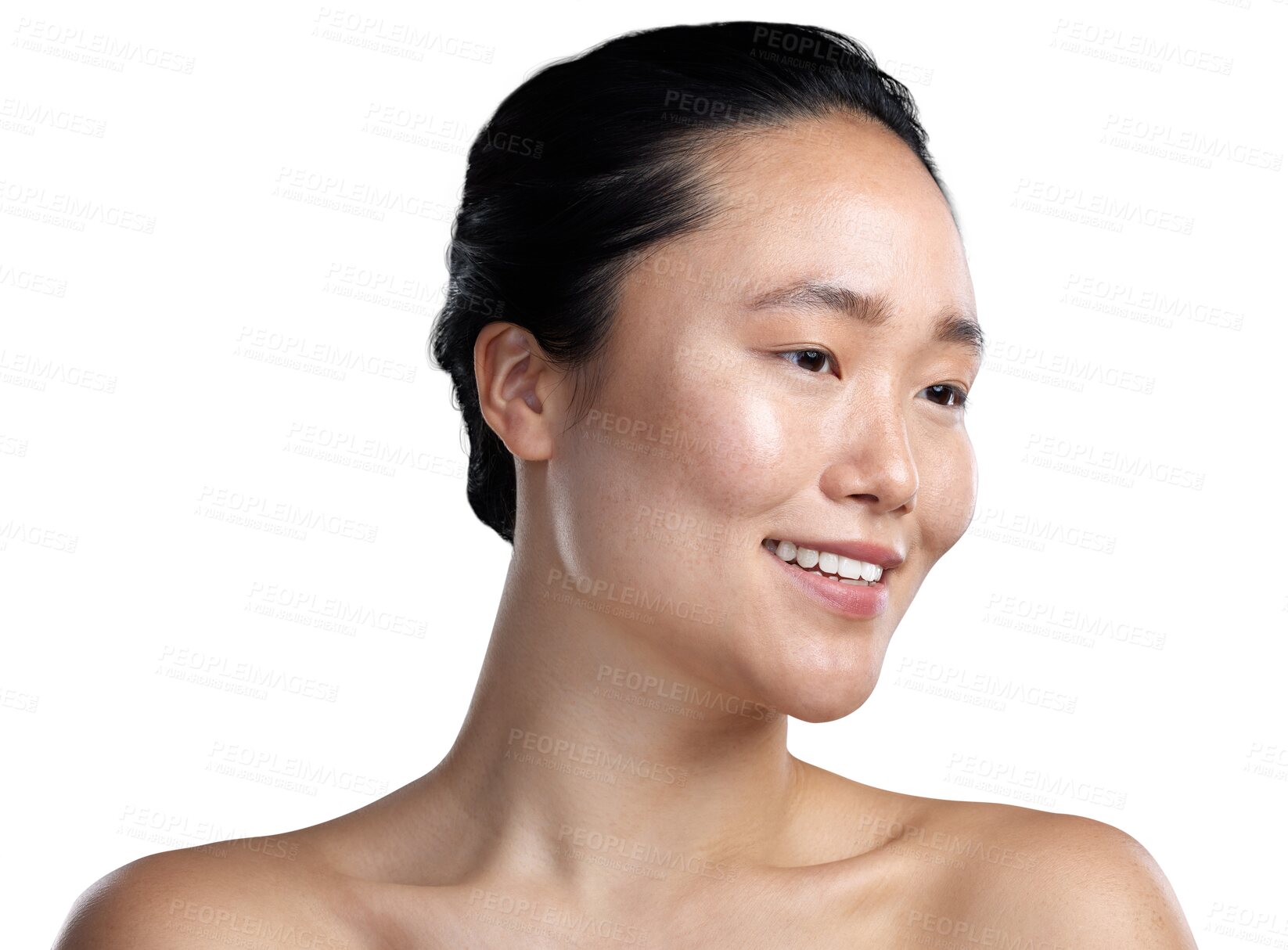 Buy stock photo Happy, woman and natural beauty of skincare, facial salon or luxury spa treatment on transparent, isolated or png background. Japanese, face and girl thinking with confidence, skin care or wellness