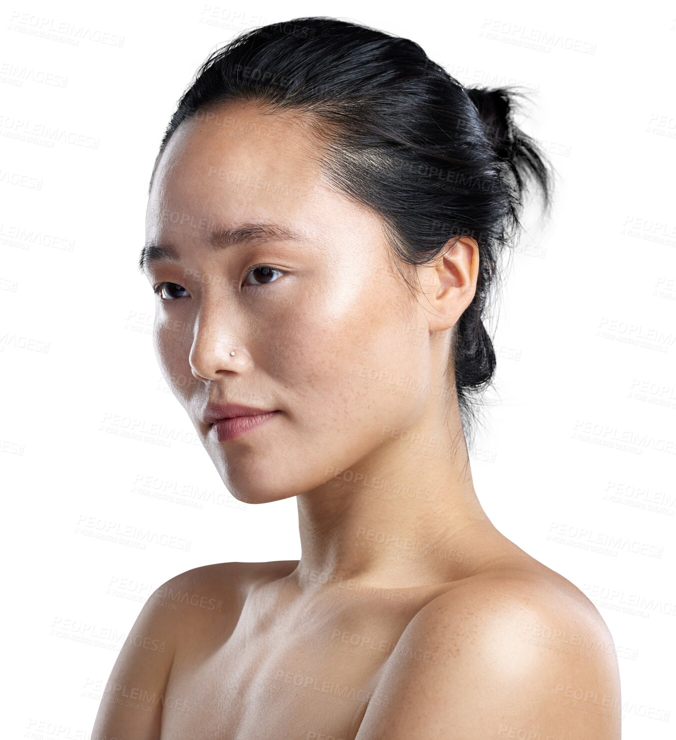 Buy stock photo Beauty, woman and thinking of cosmetics, skincare and luxury salon or spa facial on transparent, isolated or png background. Japanese, face and serious girl with confidence from skin care or wellness