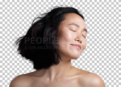 Buy stock photo Shaking, hair care and face of a woman with beauty isolated on a transparent, png background. Asian female person or aesthetic model with a smile and eyes closed for self care, cosmetics or hairstyle