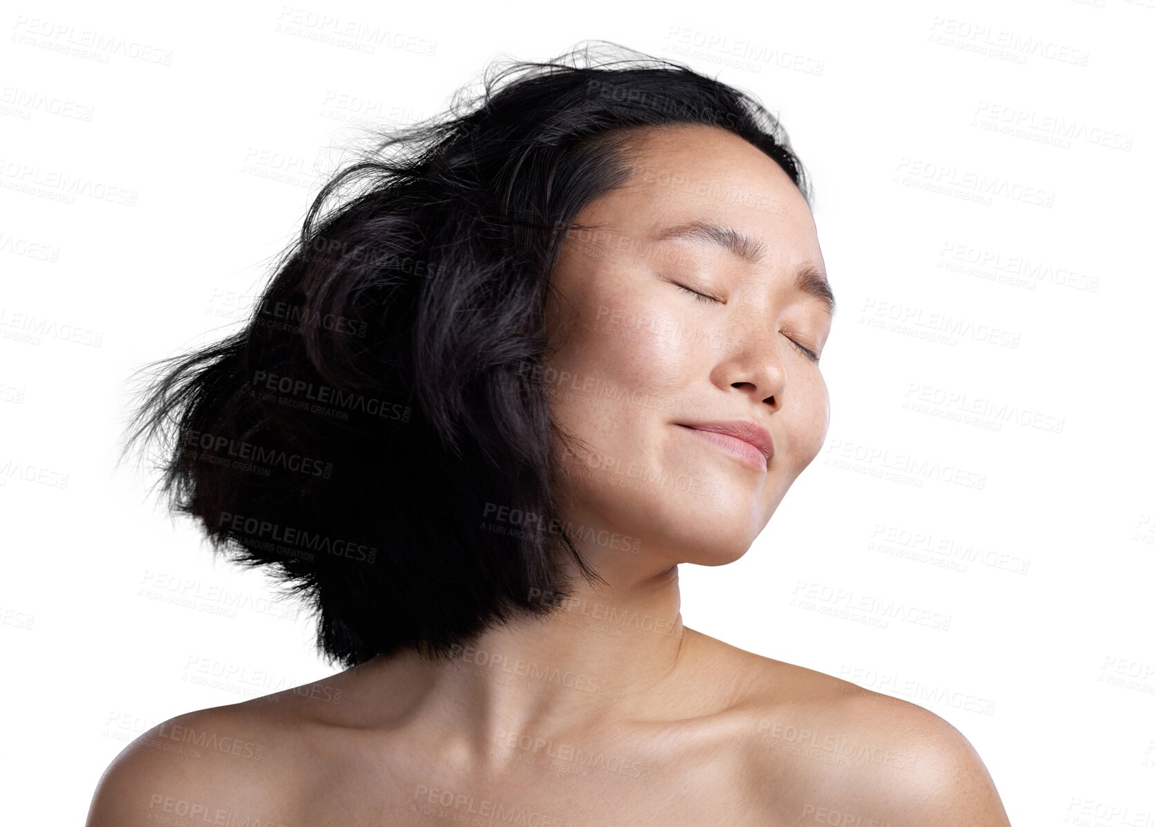 Buy stock photo Shaking, hair care and face of a woman with beauty isolated on a transparent, png background. Asian female person or aesthetic model with a smile and eyes closed for self care, cosmetics or hairstyle