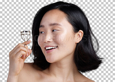 Buy stock photo Happy asian woman, smile and eyelash curler for beauty isolated on a transparent PNG background. Female person smiling in cosmetics with eye tool, equipment or accessory for curling lashes or facial