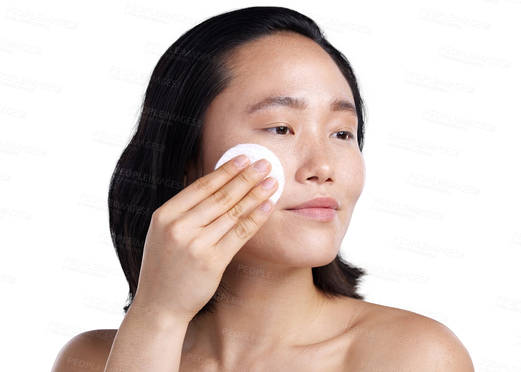 Buy stock photo Asian woman, cotton pad and makeup removal in skincare isolated on a transparent PNG background. Calm female person with swab in relax for face cleaning, dermatology or cosmetics in facial treatment