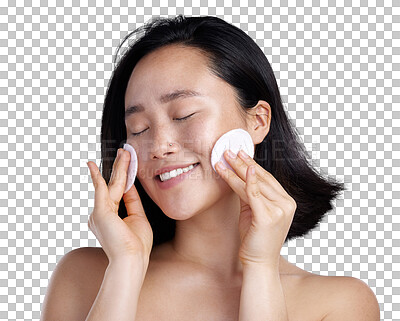 Buy stock photo Happy asian woman, cotton pads and makeup removal in skincare isolated on a transparent PNG background. Female person with pad in relax for face cleaning, dermatology or cosmetics in facial treatment