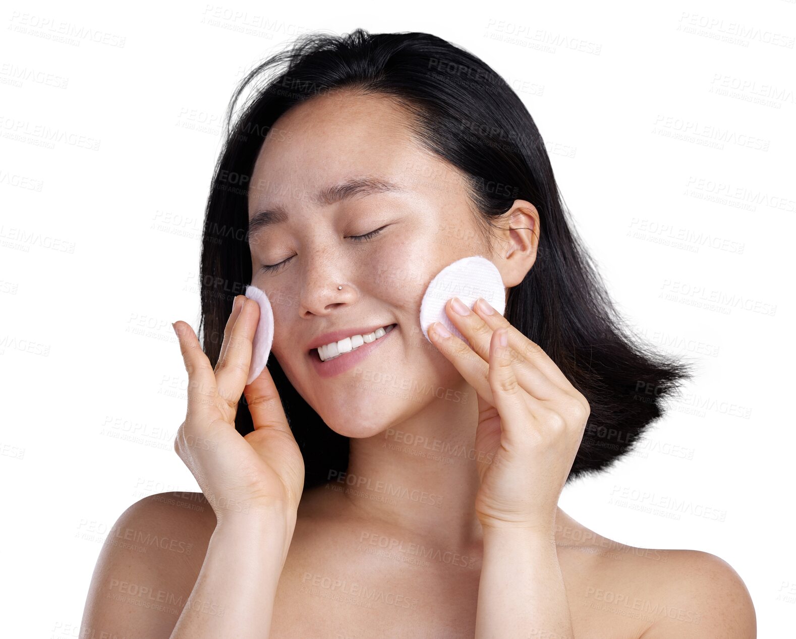 Buy stock photo Happy asian woman, cotton pads and makeup removal in skincare isolated on a transparent PNG background. Female person with pad in relax for face cleaning, dermatology or cosmetics in facial treatment