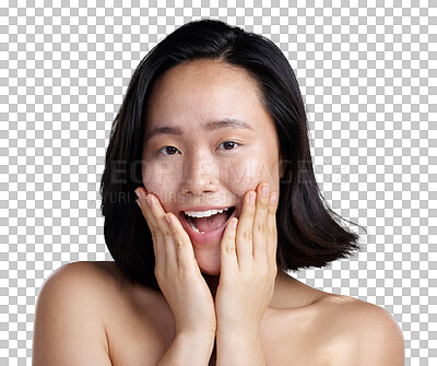 Buy stock photo Happy asian woman, portrait and face in skincare isolated on a transparent PNG background. Excited female person touching perfect skin with hands in spa, dermatology or facial treatment for self love