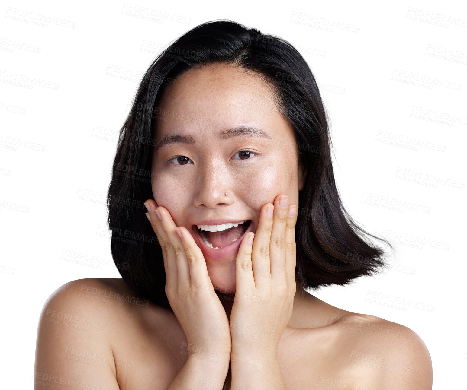 Buy stock photo Happy asian woman, portrait and face in skincare isolated on a transparent PNG background. Excited female person touching perfect skin with hands in spa, dermatology or facial treatment for self love