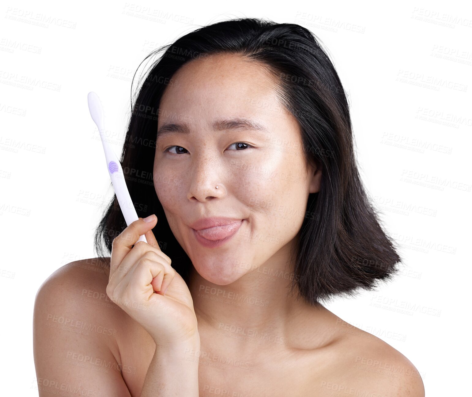 Buy stock photo Asian woman, portrait and tongue out with toothbrush for dental care isolated on a transparent PNG background. Face of female person with brush in tooth whitening, clean teeth or gum and oral hygiene