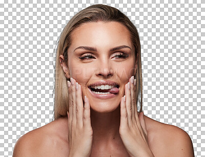 Buy stock photo Skincare, face of woman with her tongue out and isolated against a transparent png background. Cosmetology or selfcare, beauty cosmetics or skin treatment and young female person pose for wellness