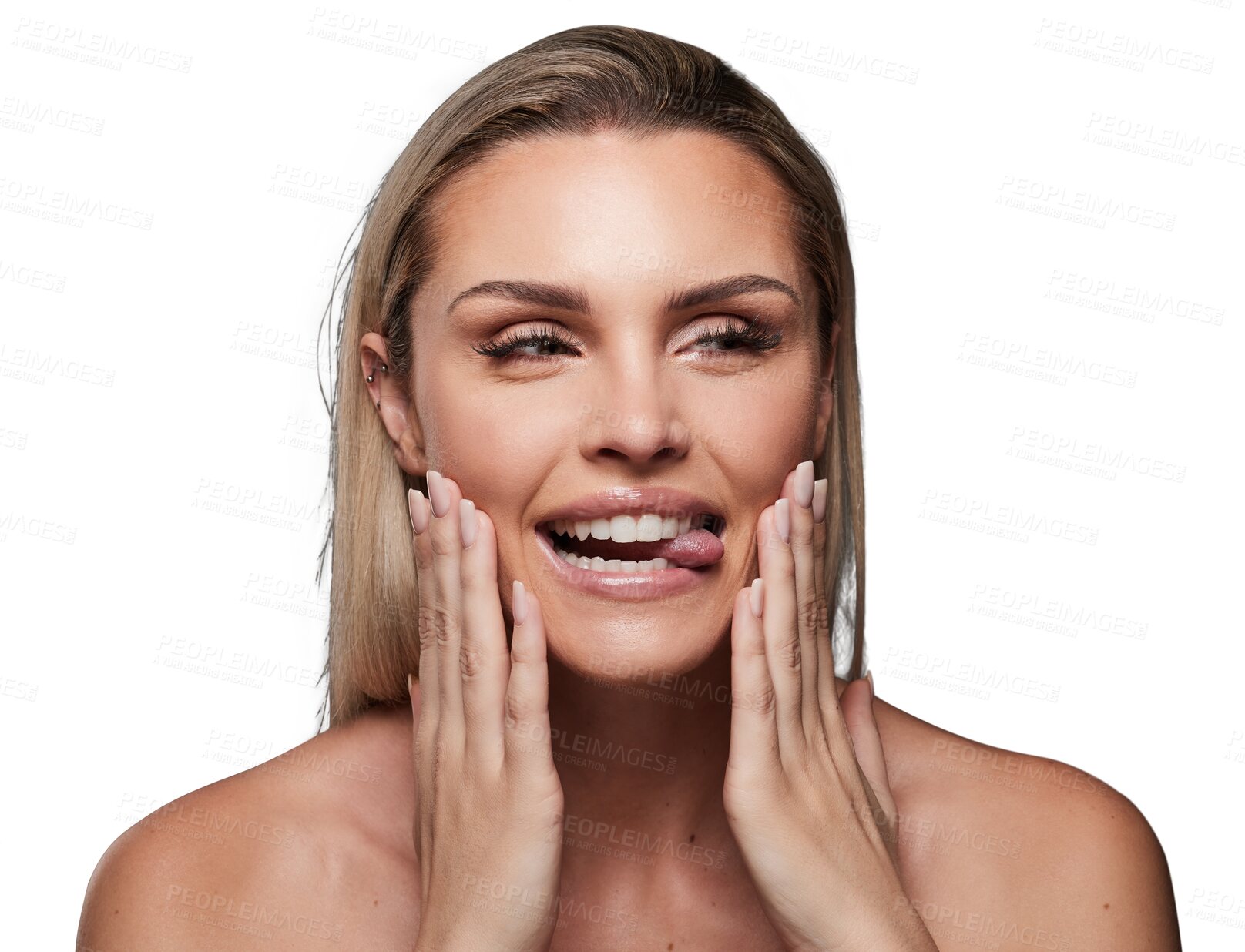 Buy stock photo Skincare, face of woman with her tongue out and isolated against a transparent png background. Cosmetology or selfcare, beauty cosmetics or skin treatment and young female person pose for wellness