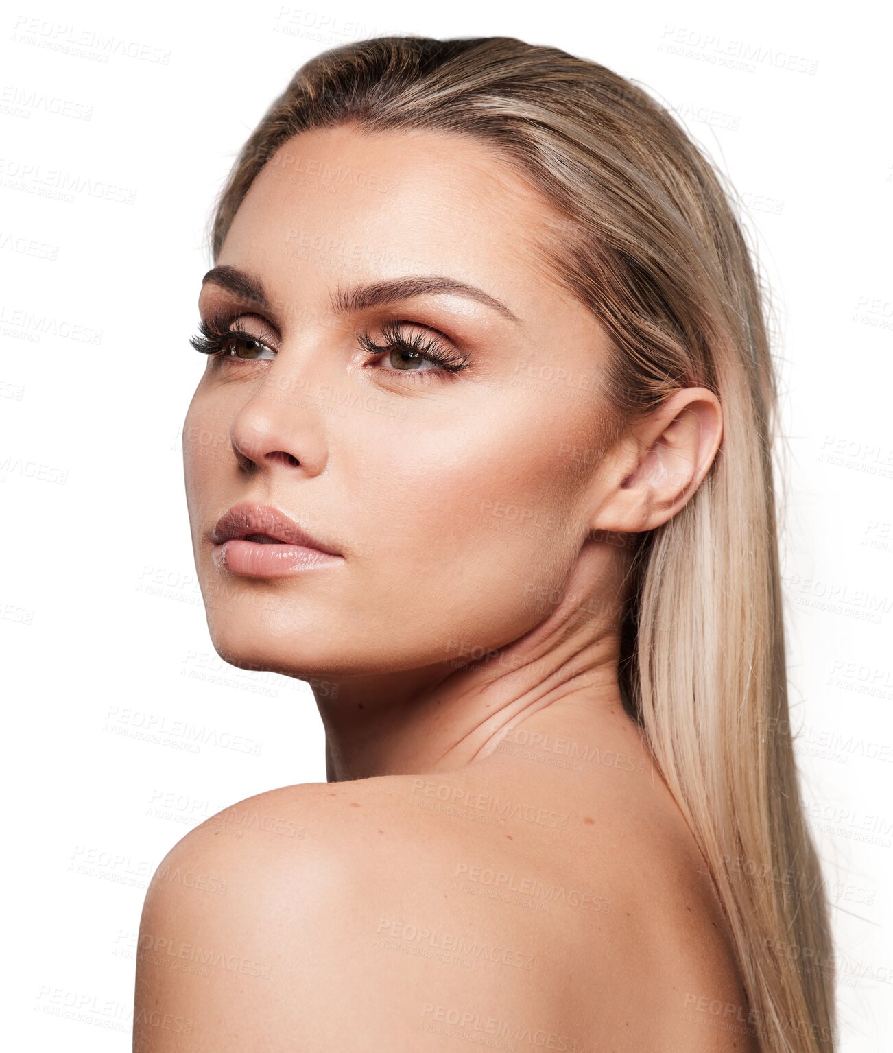 Buy stock photo Face, thinking and beauty of a woman with makeup isolated on a transparent, png background. Headshot of female aesthetic model person with skin glow, foundation and facial cosmetics for healthy shine