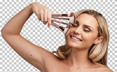 Buy stock photo Makeup brushes, confidence and young woman with a cosmetic, natural and glamour face routine. Happy, smile and beautiful female model with cosmetics products isolated by a transparent png background.