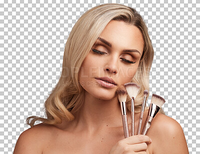 Buy stock photo Makeup brushes, beauty and young woman with glamour, natural and luxury face routine. Cosmetics, self care and beautiful female model with cosmetic products isolated by a transparent png background.