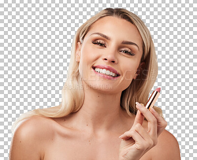 Buy stock photo Makeup, portrait of a woman with lipstick and happy isolated against a transparent png background, Cosmetology or beauty cosmetics, health wellness and female person pose for selfcare with smile