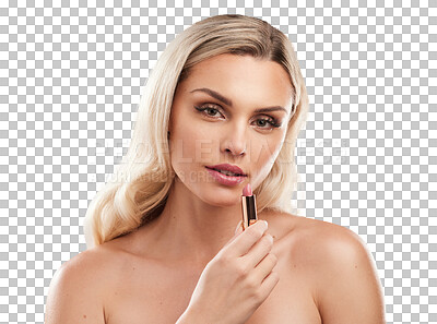 Buy stock photo Makeup, lipstick and portrait of woman for beauty on isolated, png and transparent background. Cosmetology, salon aesthetic and face of female person with luxury cosmetics, lip and glamour product