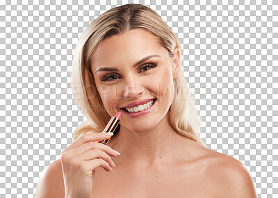 Buy stock photo Makeup, portrait of a woman with lipstick and happy isolated against a transparent png background. Health wellness or beauty cosmetics, smile or selfcare and female person pose for cosmetology