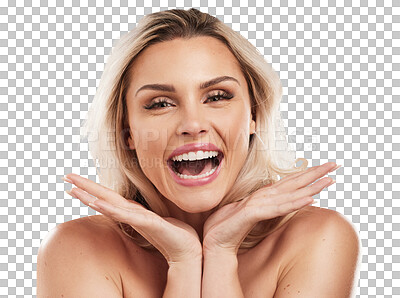 Buy stock photo Isolated woman, excited and makeup in portrait for beauty, cosmetics or skin by transparent png background. Girl, happy cosmetic model and smile for facial glow, comic laugh or skincare for aesthetic